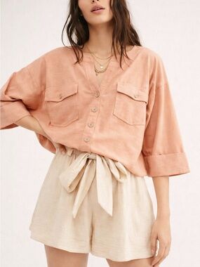 Free People Peach Button-Down Pocket Shirt